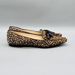 Alexandra Neel Shoes Women 7 Brown Leather Calf Hair Tassel Loafers Animal Print